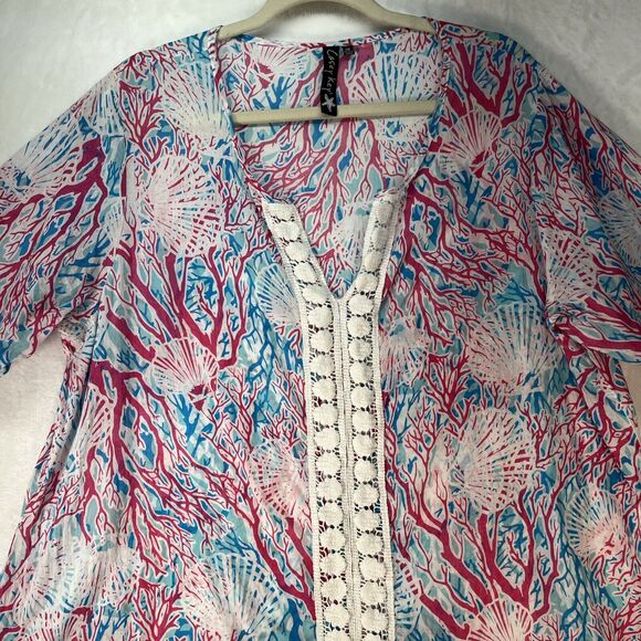 Casey Key Top Womens Plus Size 2X Crochet Ruffle 3/4 Sleeve Sheer Tunic Beachy - Picture 2 of 9